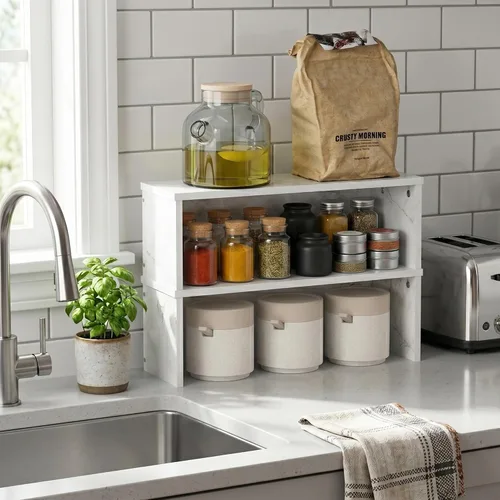 Miniatura 69 de Furinno Turn-N-Tube Organizador de encimera de cocina, estante organizador de encimera de esquina de 2 niveles, estante esquinero, para cocina