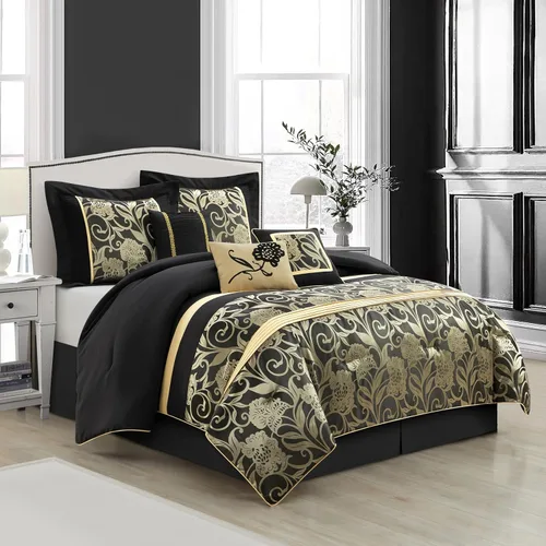 Miniatura 11 de Grand Avenue Juego de edredón negro plateado tamaño Queen, juego de ropa de cama jacquard floral de 7 piezas, para todas las estaciones, ultrasuave