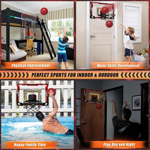 Miniatura 5 de KIZJORYA Aro de Baloncesto para Interiores, Mini Aro de Baloncesto con Luz para Niños con Marcador Electrónico y 4 Pelotas, Tablero Plegable