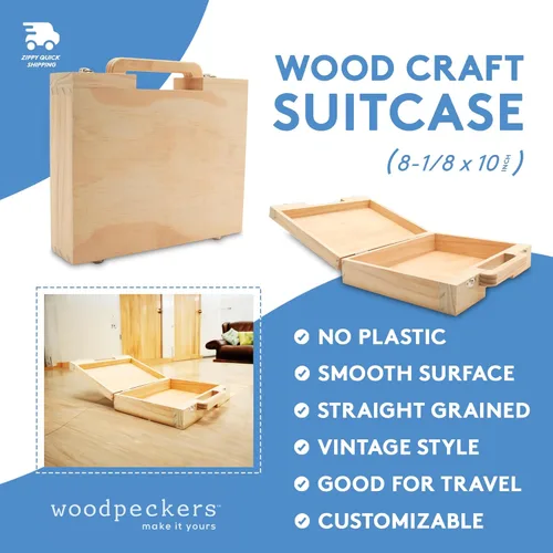 Miniatura 6 de Woodpeckers Maleta de madera de 8-1/8 x 10 pulgadas, paquete de 1 caja de madera sin terminar para manualidades, cajas de memoria aptas para viajes