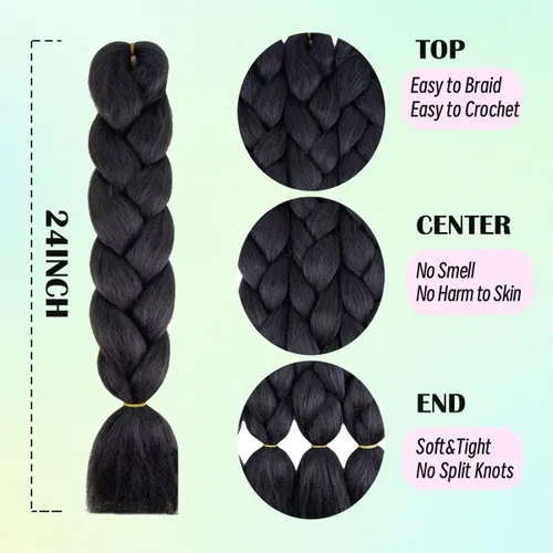 Miniatura 2 de Cabello trenzado de fibra sintética, tamaño jumbo, extensiones de cabello Kanekalon suave, color negro, (24 pulgadas, 3 piezas)
