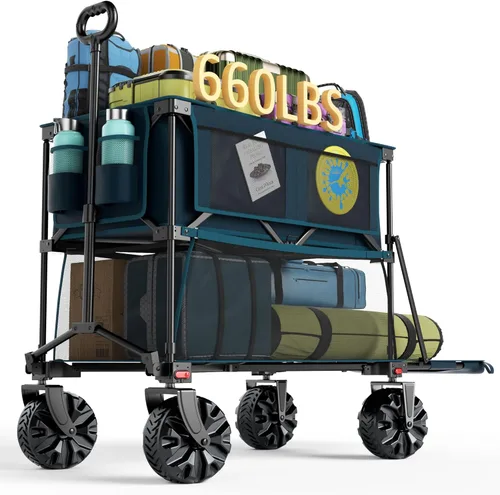 Miniatura 10 de Portal - Carro plegable grande de doble cubierta con frenos, carro de utilidad plegable resistente de 660 lb, ruedas grandes todo terreno de 400 L