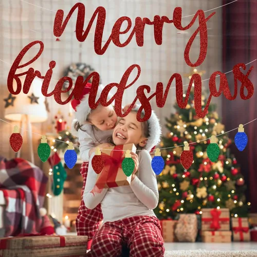 Miniatura 2 de Guirnalda de bombillas rojas con purpurina con texto en inglés "Merry Friendsmas", decoraciones de fiesta temática de amigos, decoración de Navidad