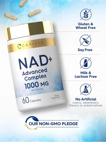 Miniatura 5 de Carlyle Suplemento NAD+ para mujeres y hombres 1000 mg 60 cápsulas Complejo avanzado con resveratrol y colágeno Sin OMG y sin gluten