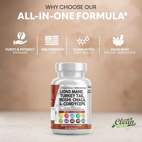 Miniatura 7 de Clean Nutraceuticals Suplemento de hongo 20 en 1 de melena de león con cola de pavo Reishi Cordyceps Chaga Maitake Meshima Poria Cocos Shiitake