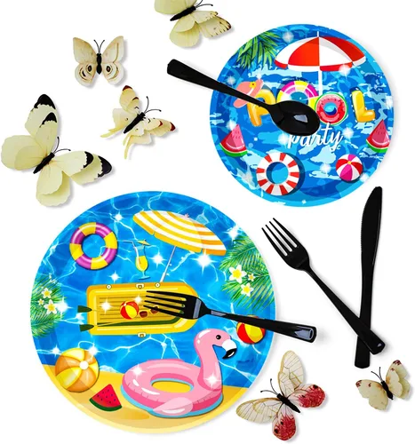 Miniatura 3 de Juego de 150 piezas de suministros para fiestas en la piscina: platos de 9 y 7 pulgadas, servilletas, cuchillos, tenedores, cucharas para playa, Pool