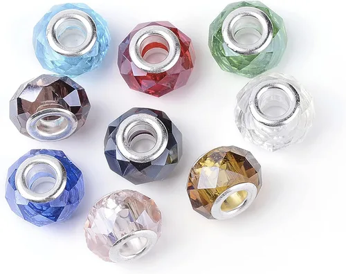 Miniatura 12 de 120 cuentas redondas planas europeas transparentes facetadas grandes con núcleos de latón chapados en plata, cuentas de cristal de imitación