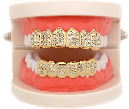 Miniatura 2 de LuReen 14k Gold 6 Teeth Grillz Hip Hop Joker Diamond Top Bottom Teeth Caps Grillz Set