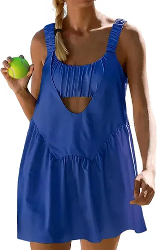 AnotherChill Vestido de tenis para mujer, brasier integrado y pantalones cortos a juego, bolsillos, vestidos de entrenamiento, trajes atléticos