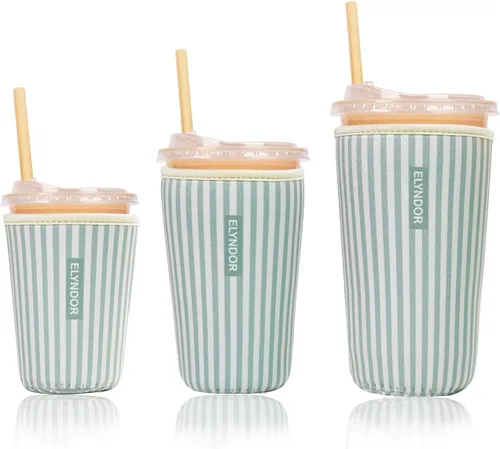 Miniatura 27 de Funda aislante reutilizable para taza de café helado, paquete de 3 fundas de neopreno para bebidas frías y calientes, soporte para bebidas para café
