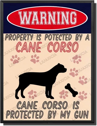 Miniatura 38 de LIUAXICIA Letreros divertidos de metal con texto en inglés "Warning Property is Potected by A American Bulldog is Protected by My Gun" The Coffee