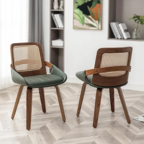 Miniatura 8 de Sillas de comedor de caña – Sillas de comedor modernas de mediados de siglo con marco de madera curvada de nogal, respaldo ergonómico de ratán