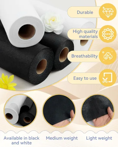 Miniatura 3 de FIVEIZERO Interfaz fusible para costura, 17 pulgadas x 30 yardas, tela de interfaz no tejida de peso medio, poliéster negro de una cara para coser