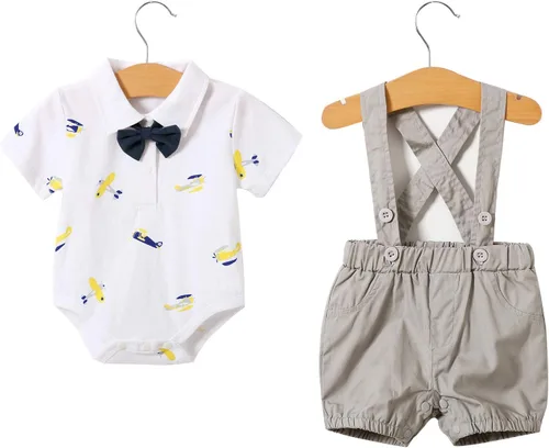 Miniatura 2 de YFYBaby Conjunto de ropa de caballero para bebés recién nacidos y niños, camisa de manga corta + pantalones con peto + overol con lazo