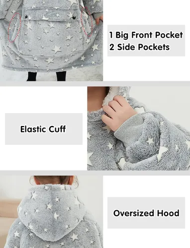 Miniatura 4 de Manta con Capucha Usable NOUKOW Manta Sherpa de Gran Tamaño Sudadera de Franela con Bolsillo Grande Estrellas que brillan en la oscuridad