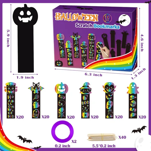Miniatura 2 de BeYumi Juego de 60 marcapáginas de rascar de Halloween para niños, bricolaje, calabaza, murciélago, bruja, Frankenstein, espeluznante, vampiro