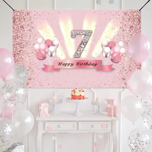 Miniatura 5 de Decoraciones de feliz cumpleaños 7 para niñas, pancarta de fondo, decoración de fiesta, póster de tela de aniversario, fondo de foto rosa