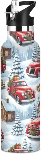 Kids Water Bottle for School Leakproof Insulated Water Bottles 20oz, BPA-Free, Christmas Vintage Red Trucks