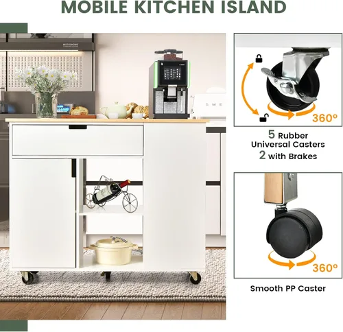 Miniatura 7 de LOKO Isla de cocina con hoja caída, carrito de almacenamiento de cocina rodante con cajón, gabinete, 6 estantes abiertos, estante de especias