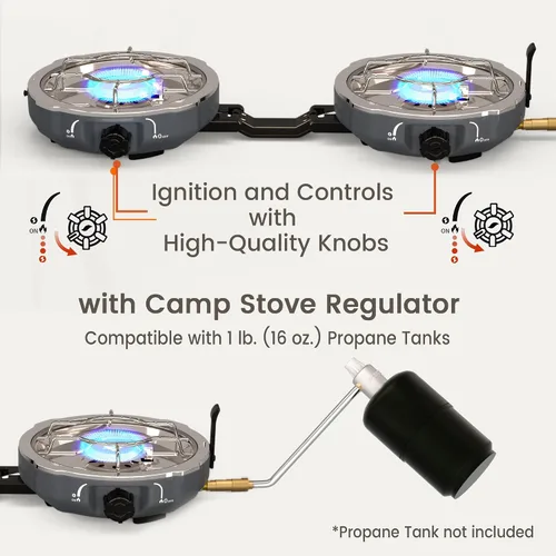Miniatura 2 de Cofiyard Estufa de campamento de propano de 2 quemadores de 20,000 BTUs, estufa de campamento plegable portátil con quemadores ajustables, encendido