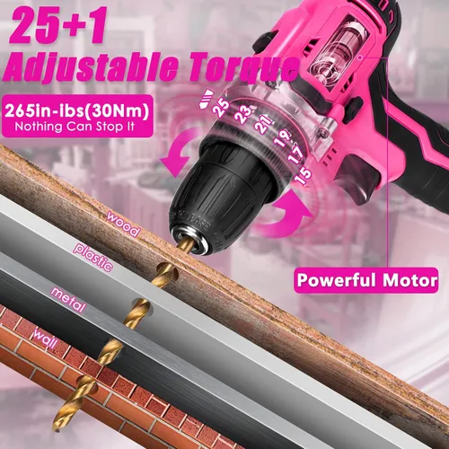 Miniatura 3 de ThinkLearn - Kit de herramientas con taladro inalámbrico de 20 V (265 lb-in), juego de taladro rosa para mujeres, kit de herramientas para el hogar
