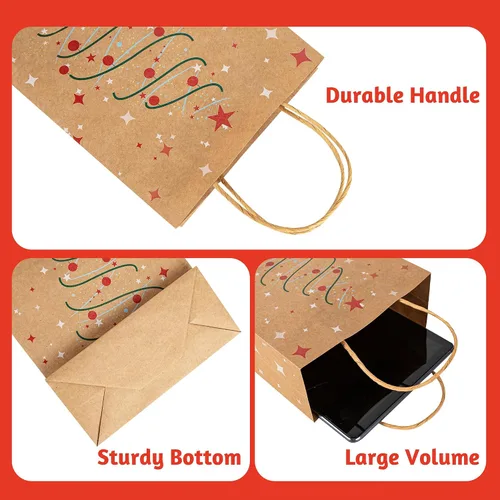 Miniatura 2 de 24 bolsas de regalo de papel kraft de Navidad con 24 papeles de seda, bolsas de dulces navideños de 7 x 8.6 x 3 pulgadas con asas, bolsas de dulces