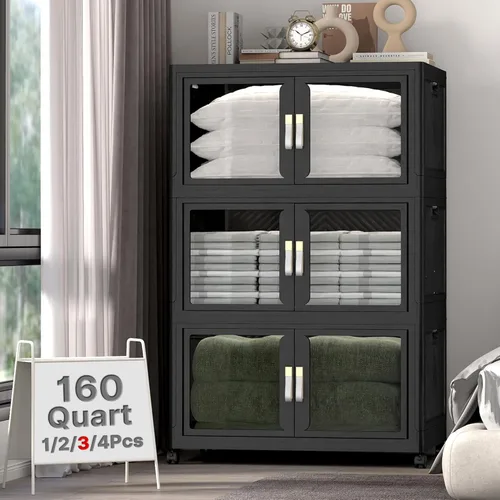 Miniatura 17 de Stackable Storage Bins with Lids, Clear Doors, 120QT Storage Bins Large Storage Cabinet Foldable Collapsible Closet Organizers for Bedroom Dorm