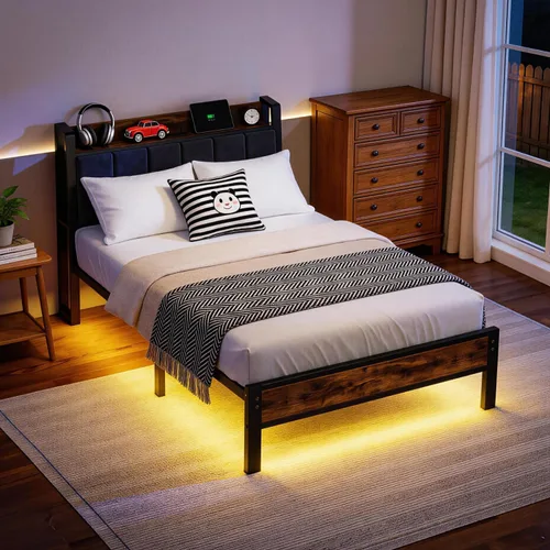 Miniatura 8 de Base de cama de tamaño individual con cabecera de almacenamiento y estación de carga, luces LED RGB inteligentes, cama de plataforma de metal