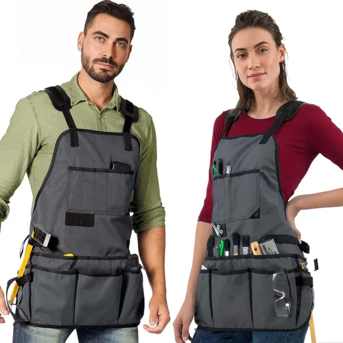 Miniatura 7 de Under NY Sky Delantal de herramientas – Soporte magnético para herramientas – Lona Oxford gris resistente – Parte trasera cruzada – 18 bolsillos