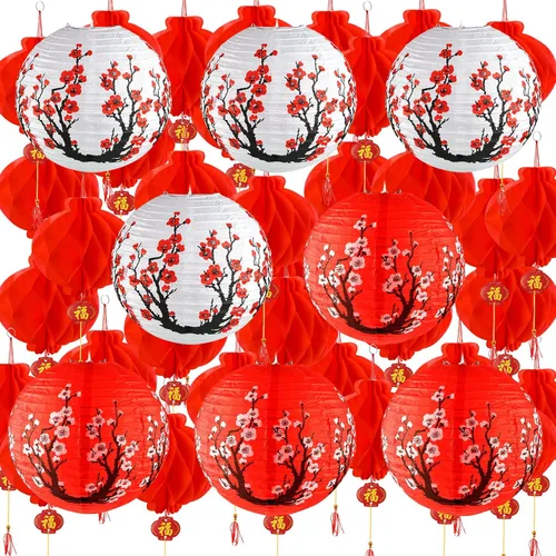 Mototo Kit de 60 faroles de papel chinos japoneses, 12 pulgadas, flor de cerezo japonés, farol de papel chino japonés con flor de cerezo rojo para