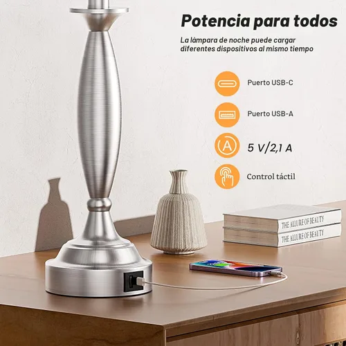 Miniatura 3 de Juego de 2 lámparas blancas para dormitorio, lámpara de noche de control táctil con USB C+A, lámparas de mesita de noche regulables de 3 vías