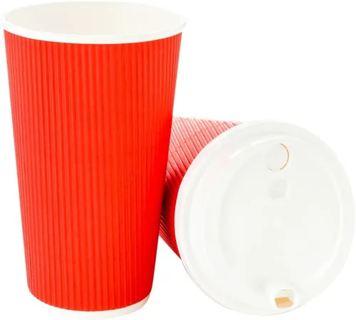 Miniatura 11 de Restaurantware Vasos de café desechables de pared ondulada de 16 onzas, 500 vasos de papel rojo aislados con diseño de borde enrollado, las tapas se