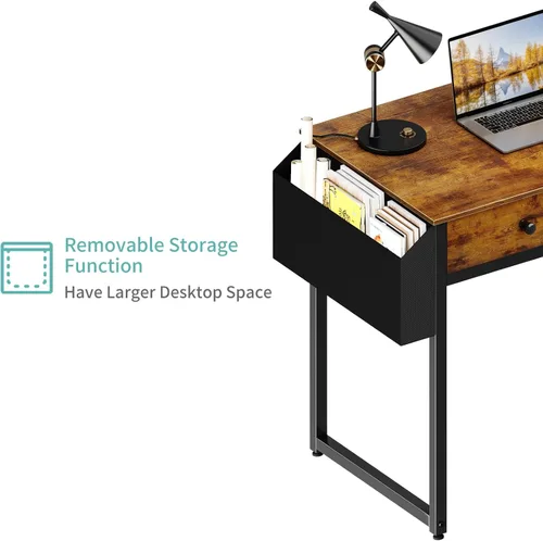 Miniatura 8 de Lufeiya - Escritorio con cajones para dormitorio, oficina en casa, con 3 cajones de almacenamiento de tela y bolsillo, mesa de estudio para Marrón