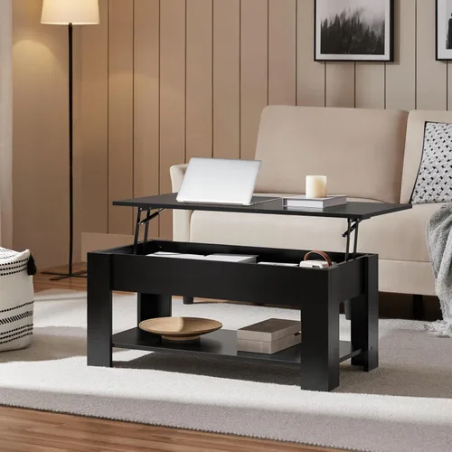 Miniatura 2 de Yaheetech Mesa de café de madera, mesa de centro con estante de almacenamiento oculto grande, mesa de comedor con superficie elevada para sala