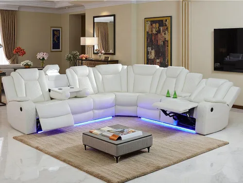 Juegos de Muebles para Sala de Estar, Juego de Sofá Reclinable Eléctrico, Cuero Blanco Vainilla, Seccional de 2 Reclinables con Luz LED, Juegos de
