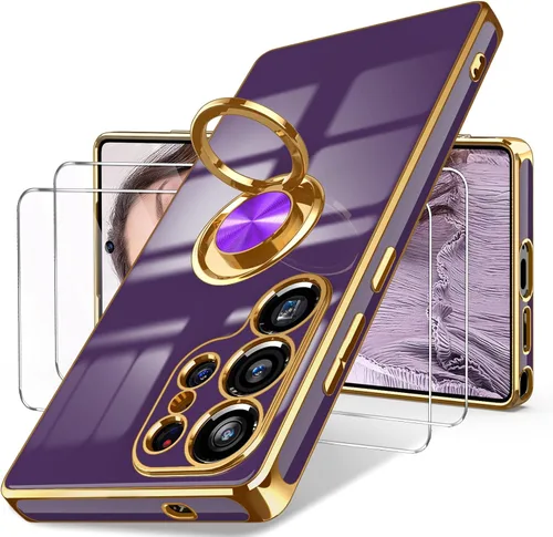 Dretal Funda para Samsung Galaxy S25 Ultra 5G, 2 protectores de pantalla, soporte de anillo giratorio de 360°, soporte magnético, borde dorado