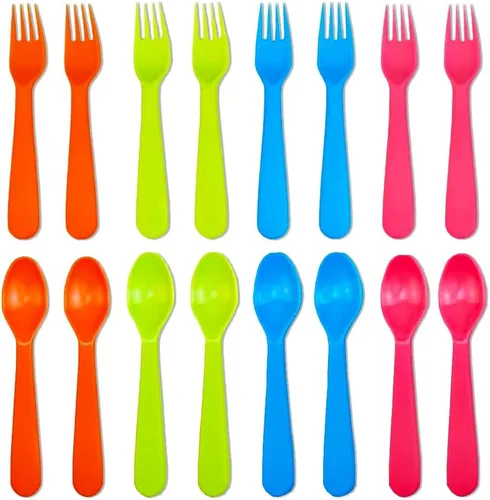Miniatura 8 de Jawbush 16 utensilios para niños, tenedores y cucharas de plástico para niños, utensilios reutilizables para niños, juego de cubiertos duraderos 8