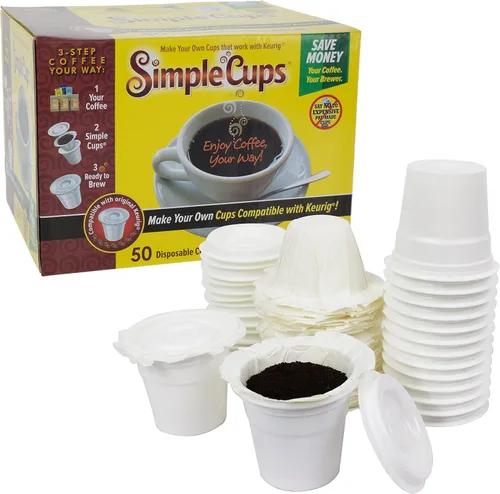 SIMPLECUPS Vasos desechables, 50 tazas, tapas y filtros, compatibles con máquinas Keurig, K-Cup y otras tazas K reutilizables de una sola porción,