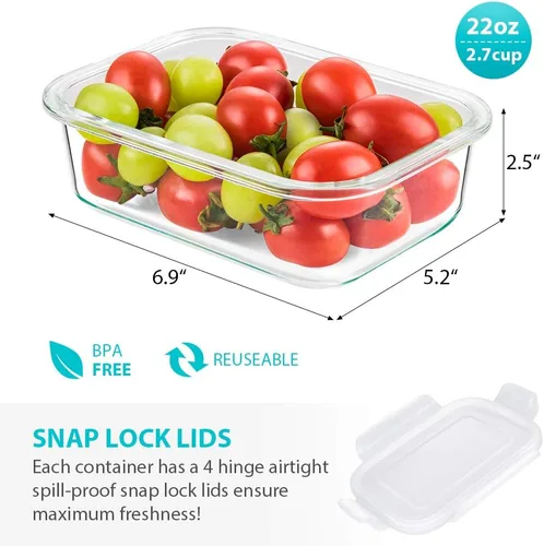 Miniatura 2 de Bayco - Paquete de 6 recipientes de vidrio para comidas preparadas, recipientes de almacenamiento con tapas, cajas bento herméticas, sin bisfenol A