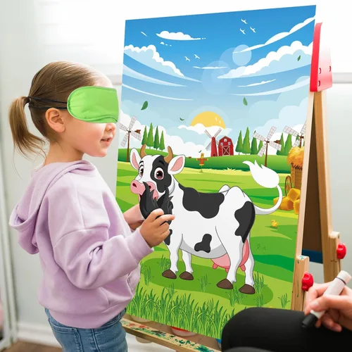 Miniatura 3 de Hxezoc Pin The Tail on the Cow Game con 50 piezas de colas, póster de juegos de fiesta de vaca grande para niños, fiesta de cumpleaños temática