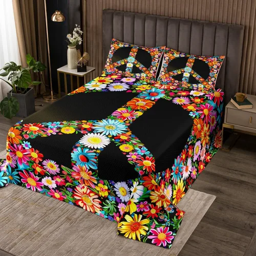 Juego de colcha con signo de la paz tamaño King, flores coloridas acolchadas para niños, adolescentes y adultos, juego de colcha floral pastoral,