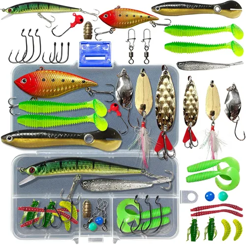 Miniatura 9 de Kit de señuelos de pesca, incluyendo cebos, anzuelos, palas, lombrices, plomos, ganchos, caja de aparejos y más equipo de pesca para truchas