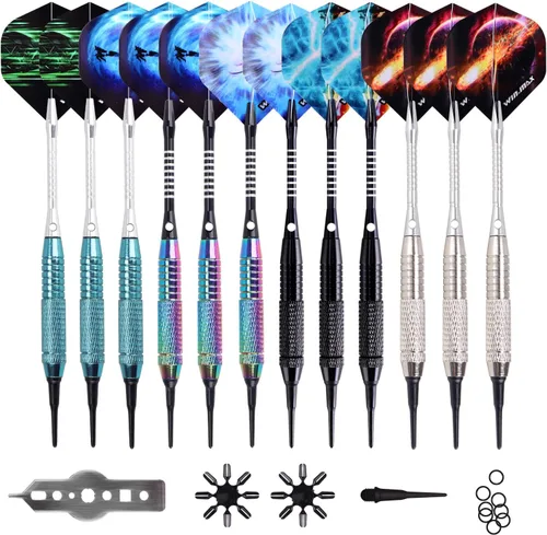 WIN.MAX Darts Plastic Tip - Soft Tip Darts Set - 12 Pcs 18 Gram with 100 Extra Dart Tips 12 Flights Flight Protectors and Wrench for Electronic Dart