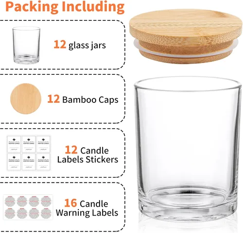 Miniatura 3 de SUPMIND Paquete de 12 tarros de vela de cristal, tarros vacíos transparentes de 10 onzas con tapas de bambú y etiquetas adhesivas, tarros de velas a