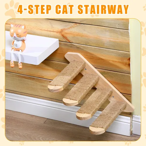 Miniatura 5 de Paquete de 2 estantes de escalada para gatos montados en la pared Escalera de madera para gatos Escalera de escalada para gatos de 4 escalones
