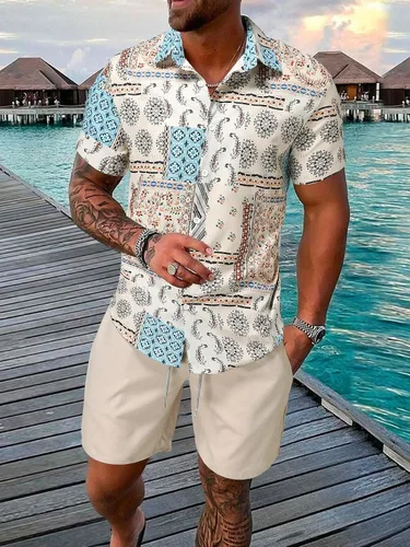 Miniatura 6 de COZYEASE Conjunto de 2 piezas de camisa y pantalones cortos de manga corta con botones y estampado floral para hombre