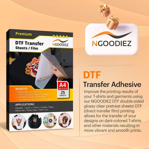 Miniatura 3 de NGOODIEZ Paquete completo de impresión DTF: adhesivo en polvo blanco de 17.64 oz, 25 hojas de película de transferencia mate A4 y kit de recarga