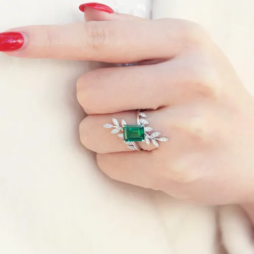 Miniatura 5 de MayaRuth Anillo cruzado único de plata de ley 925 con piedras preciosas de esmeralda creadas y simuladas, hoja de plumas de cóctel, vintage, largo