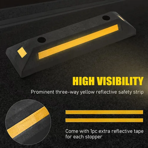 Miniatura 4 de ATPEAM Tope de goma para suelo de vehículo, paquete de 2 bloques de estacionamiento negros con rayas reflectantes amarillas para automóvil, camión