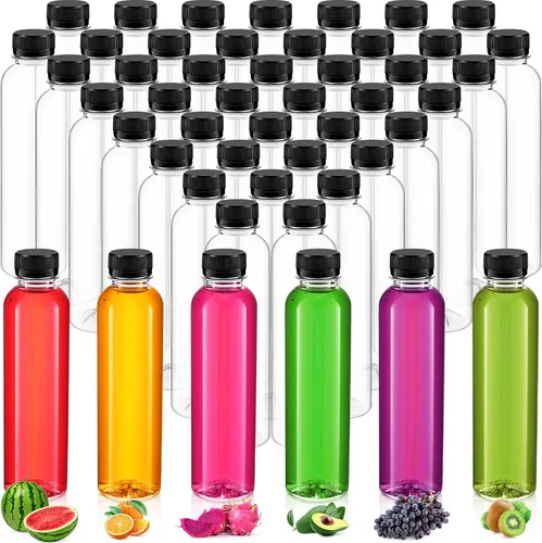 Dandat 50 botellas de plástico transparente de 10 onzas con tapas, botellas sensoriales vacías reutilizables a granel desechables para jugos, beber